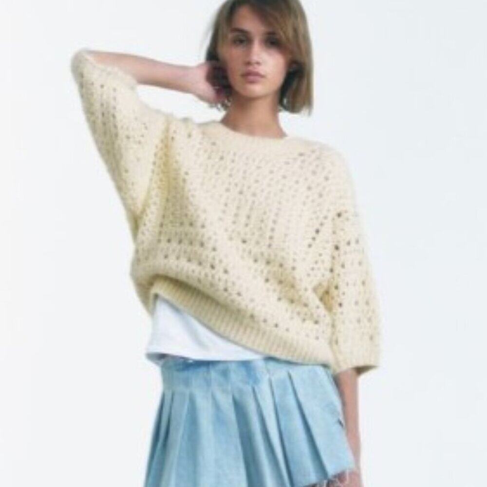 Zara Cream Neutral Boho Oversized Crochet Knit Half Sleeve Sweater Top Medium - Picture 3 of 7
